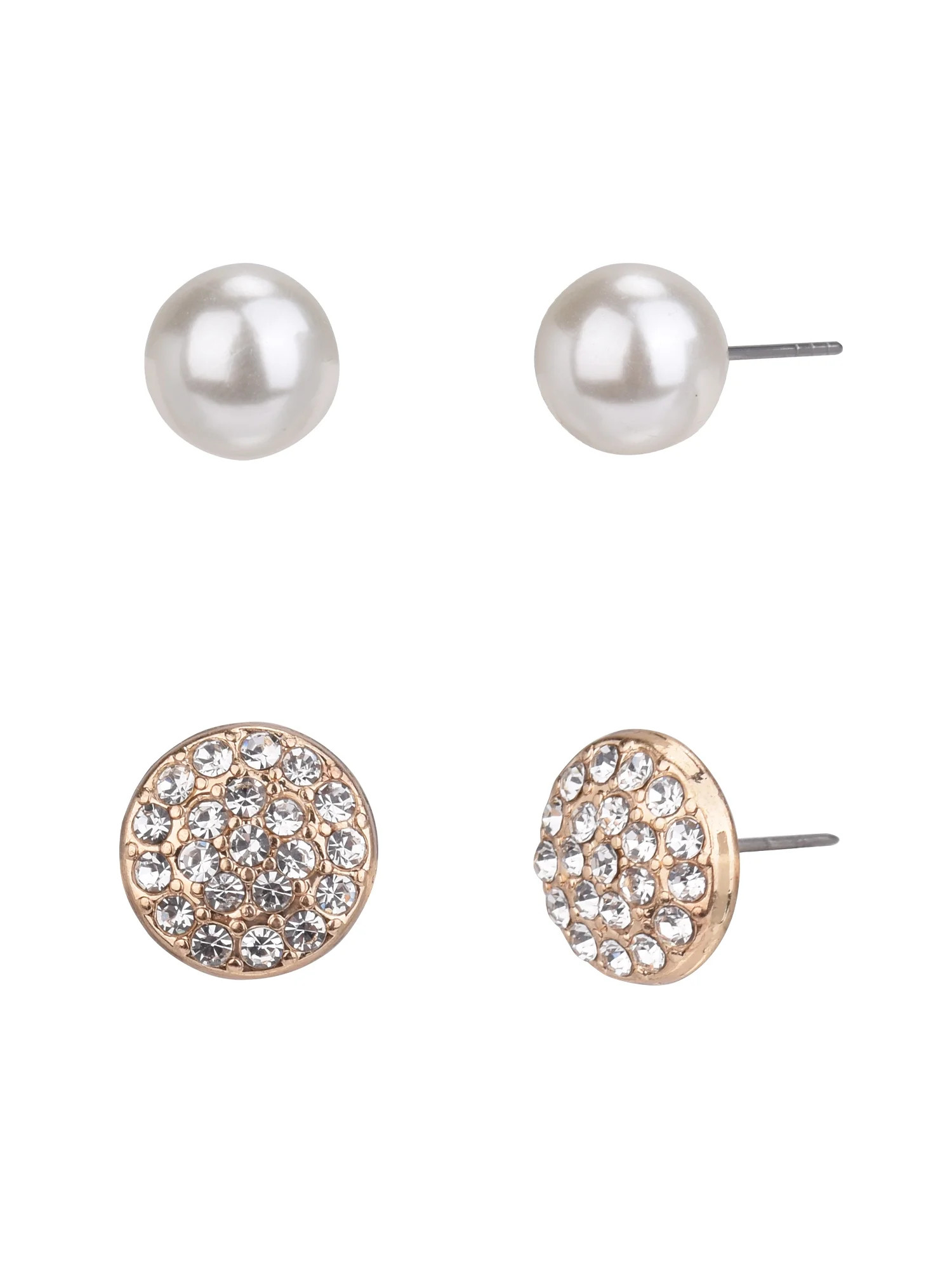 Time and Tru Adult Women's 2 Pair Gold Tone Faux Pearl and Crystal Metal Earring Set | Walmart (US)