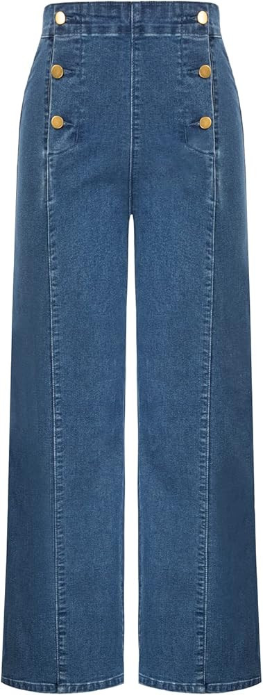 Belle Poque Women's High Waisted Wide Leg Jeans Button Decorated Casual Stretchy Demin Pants with... | Amazon (US)