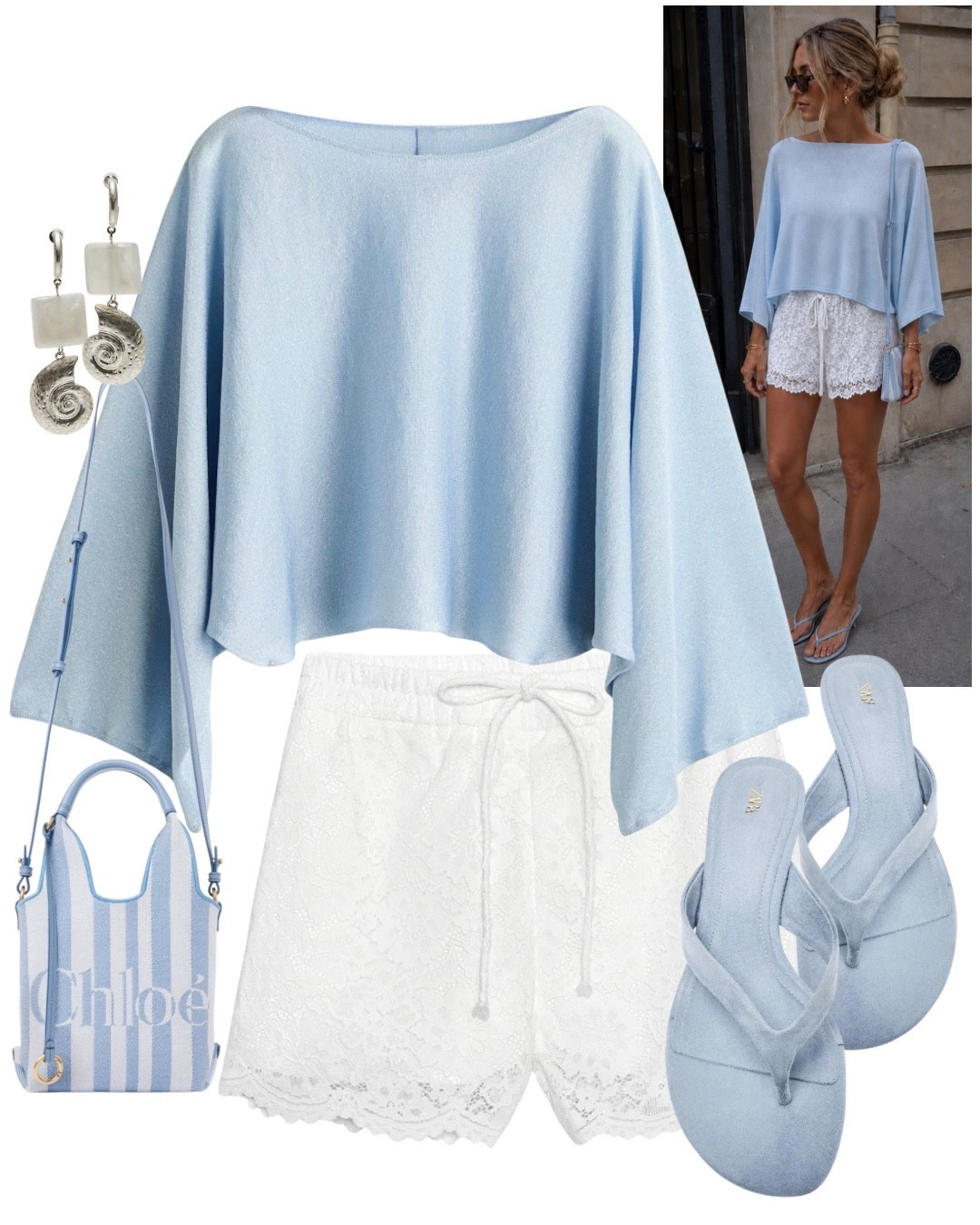Blue shimmer cape, white drawstring lace shorts, blue suede wedges, crossbody chloe bag and silver earrings. 
Summer outfit, holiday outfit, casual chic @Zara

#LTKsummer #LTKuk #LTKeurope