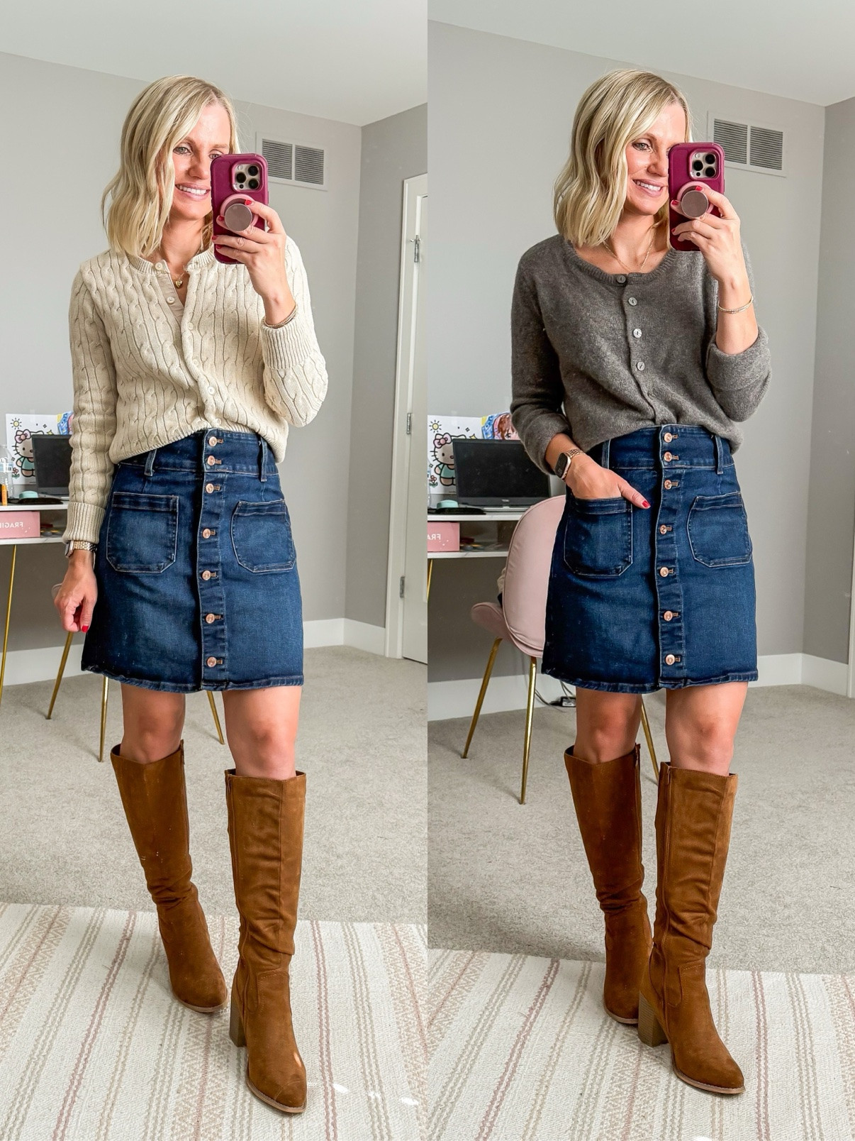 Styling my denim skirt two ways with tall boots for fall 🤎