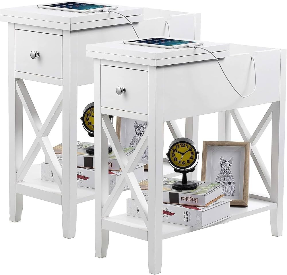 ChooChoo White End Table set of 2, Flip Top Narrow End Table with Drawer, Accent Small Side Table... | Amazon (US)