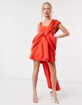 ASOS DESIGN manipulated drape sash mini skater dress in fiery red | ASOS (Global)