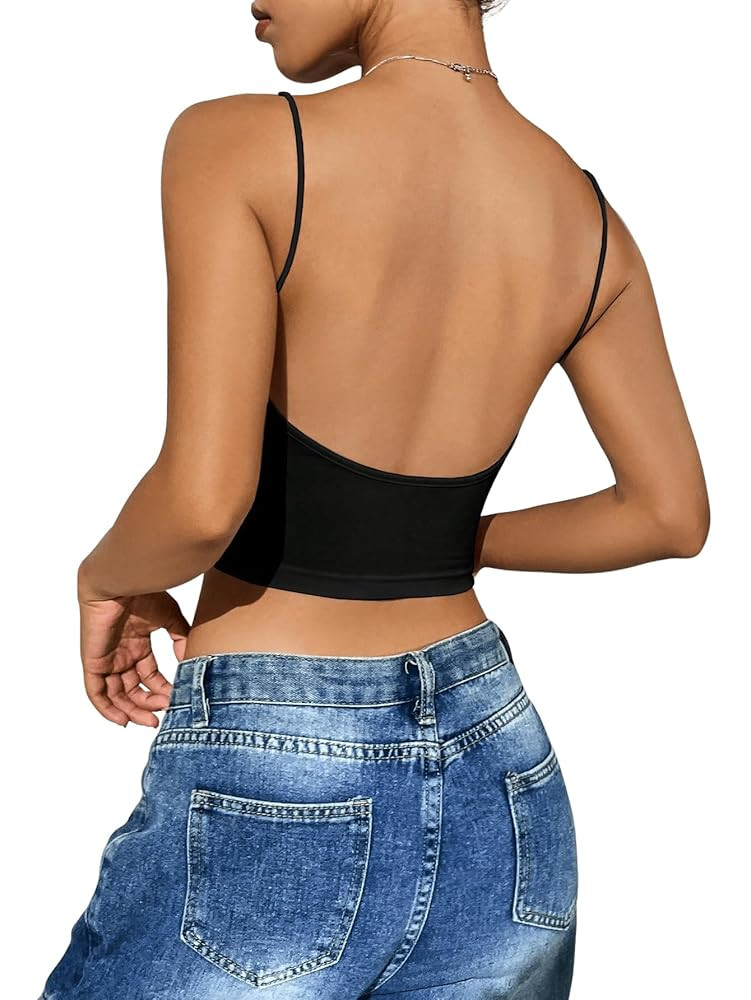 SweatyRocks Women's Basic Spaghetti Strap Scoop Neck Backless Slim Fit Camisole Crop Top | Amazon (US)