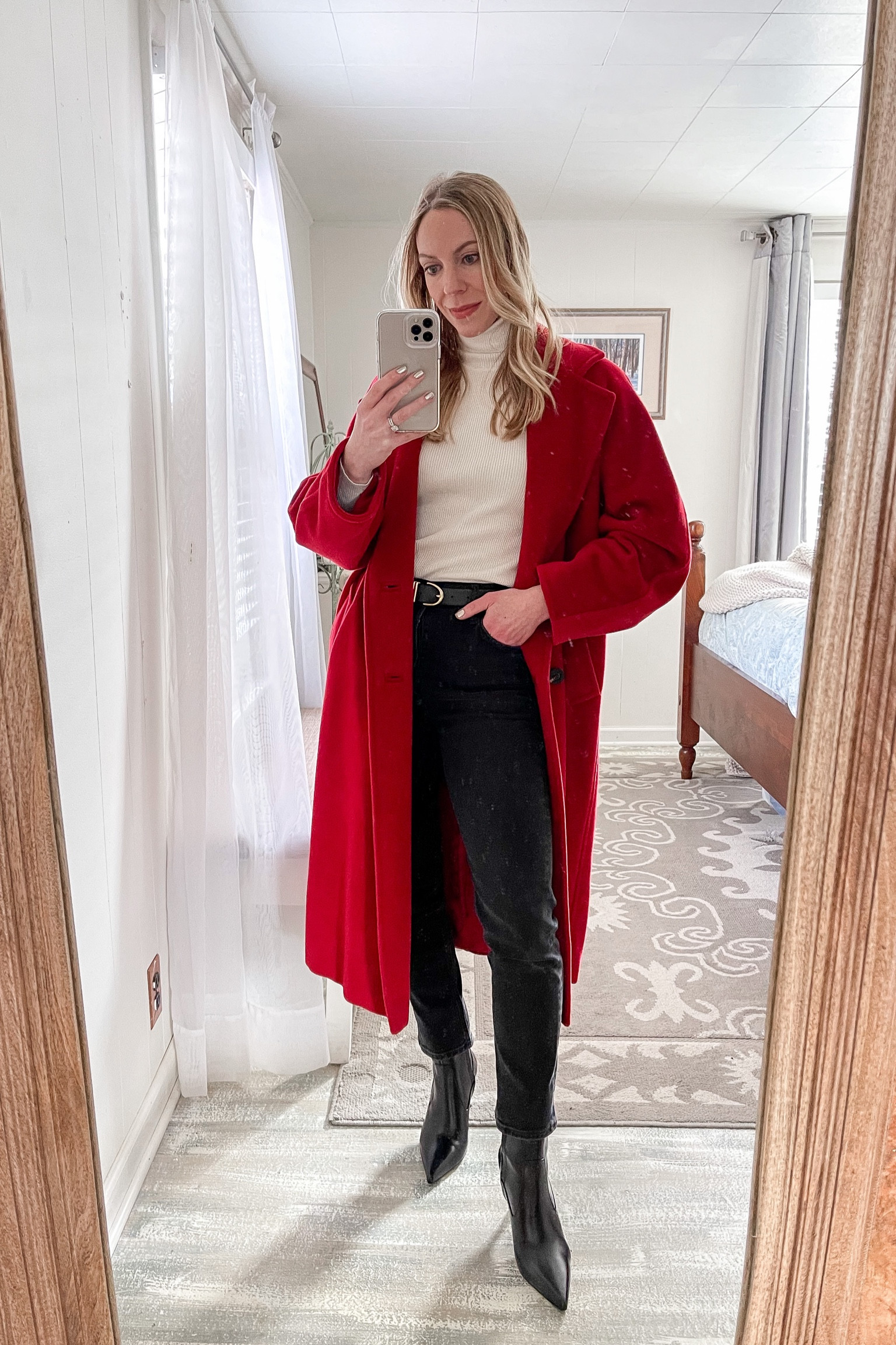 Red coat winter outfit, black jeans, black booties 

#LTKSeasonal #LTKstyletip #LTKshoecrush