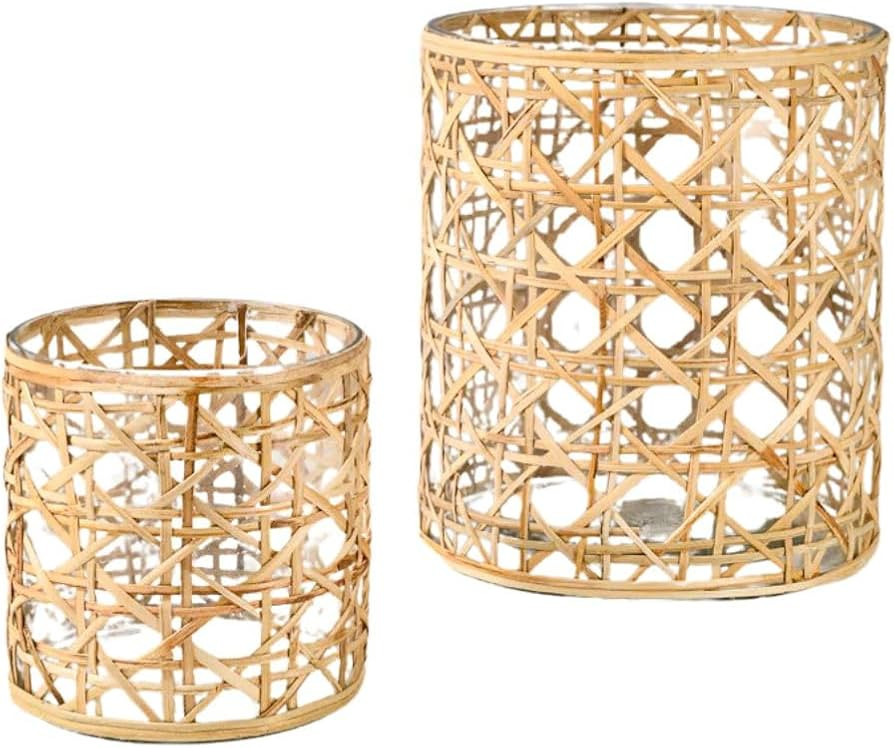 Serene Spaces Living Saigon Cane Wrapped Glass Hurricane Candle Holders – Set of 2 – Candle C... | Amazon (US)