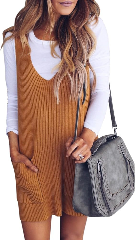 Imily Bela Womens Ribbed Deep V Neck Knitted Shift Dress Tank Vest Sweater | Amazon (US)