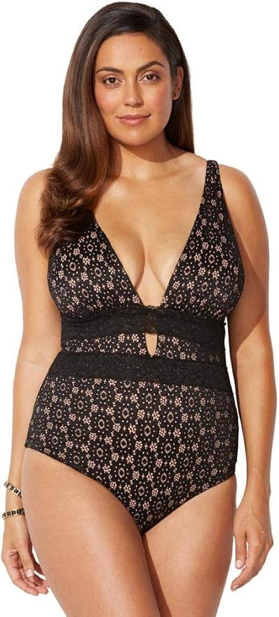 Swimsuits For All Women's Plus Size Lace Plunge One Piece Swimsuit | Amazon (US)