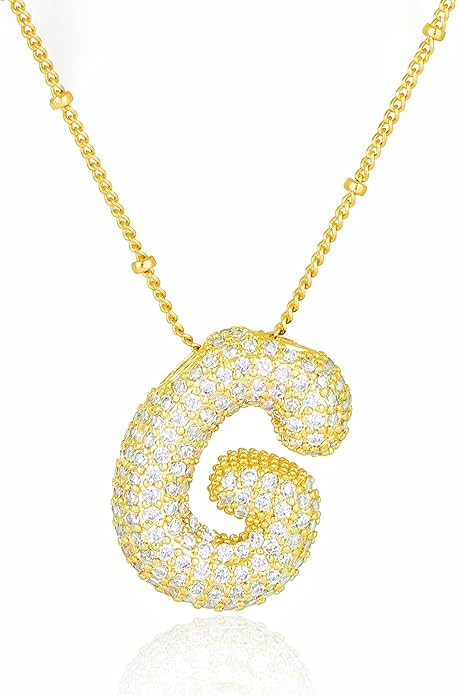 Pwiuor Bubble Letter Necklace Gold Balloon Initial Pendant Necklace Dainty Zirconia Alphabet Name... | Amazon (US)