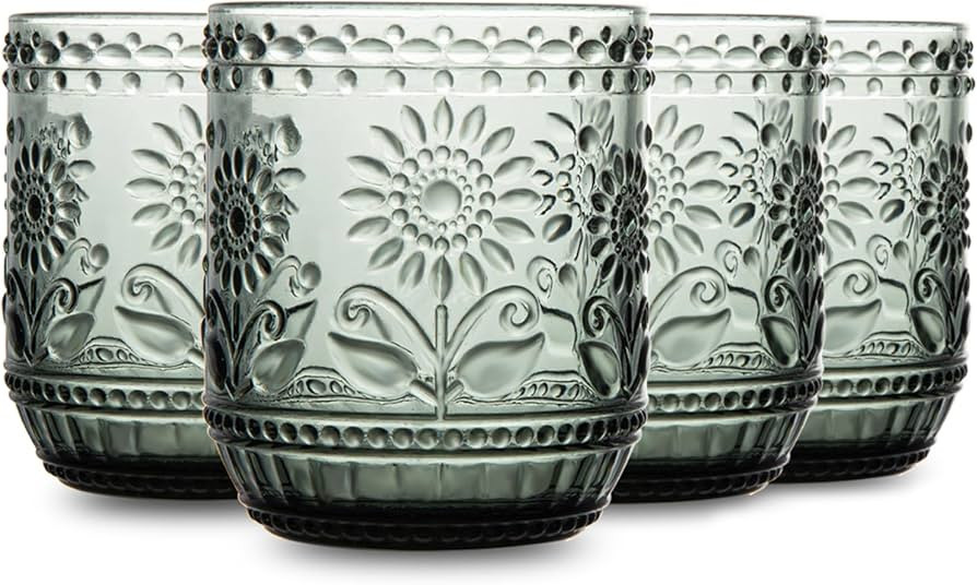 Glass Cups Vintage Glassware Drinking Glass Set of 4, Embossed Floral Decorative Glasses Set, for... | Amazon (US)