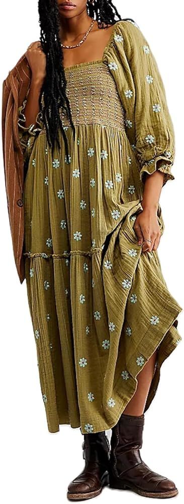 Women's Elastic Waist Flower Embroidered Maxi Dress Lantern Sleeve Square Neck Tiered Flowy Maxi ... | Amazon (US)