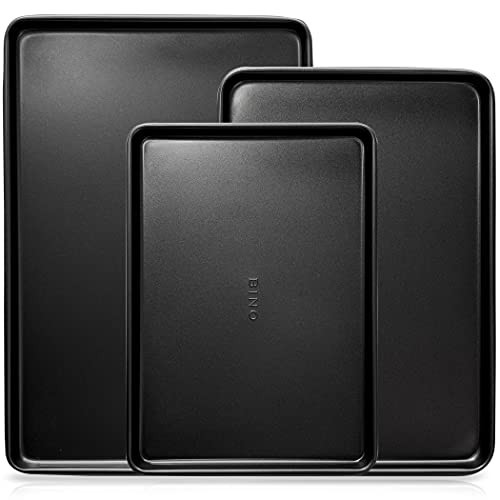 BINO Bakeware Nonstick Cookie Sheet Baking Tray Set, 3-Piece - Black | Non Stick Baking Pans Set | Carbon Steel Tray Bakeware Sets | Oven Safe | Cookie Sheet Pans | Food-Safe | Amazon (US)