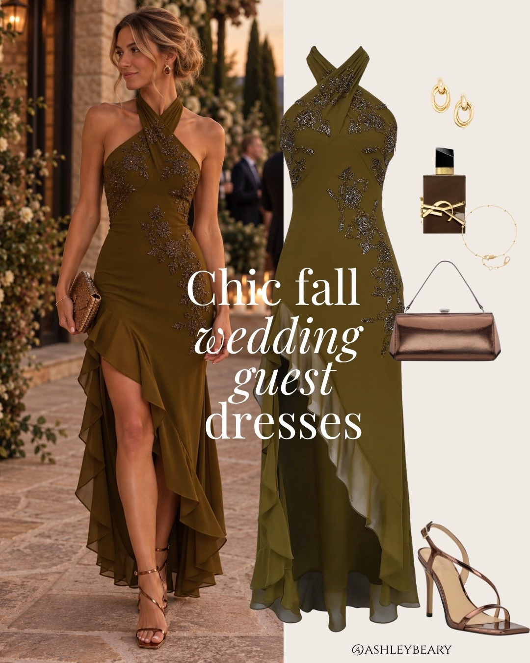 Gorgeous beaded fall halter wedding guest dress! 

Olive green gown 
Black tie wedding 
Formal gown 
Formal event 
Fall evening wear

#LTKSeasonal #LTKWedding #LTKootd