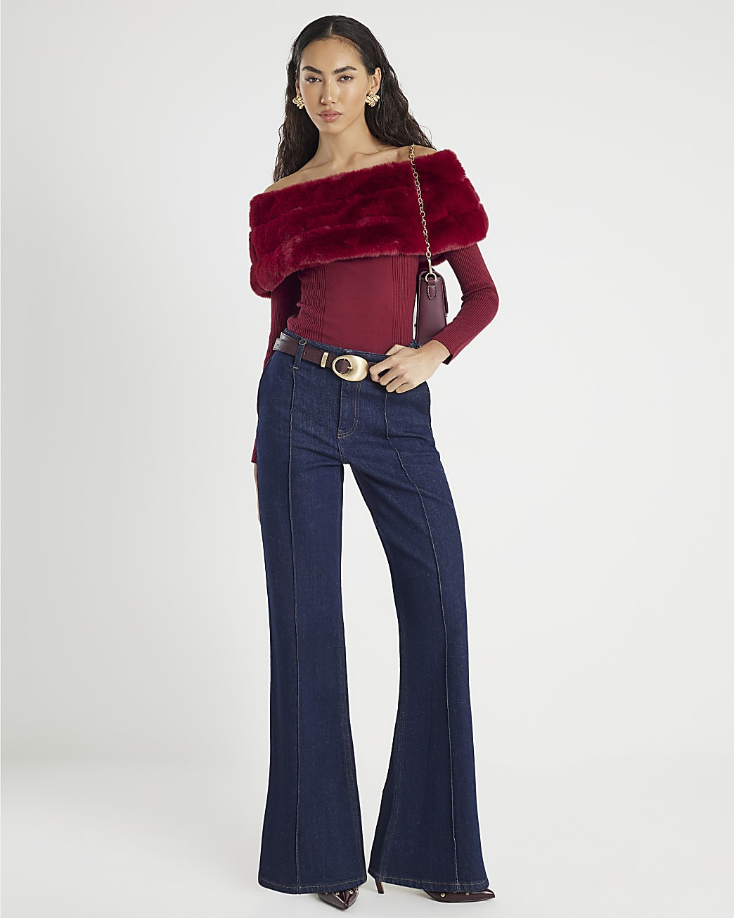 Red Faux Fur Trim Bardot Jumper | River Island UK & IE