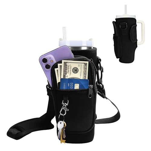 Water Bottle Carrier with Strap for Stanley Cup 30oz with Phone Pocket, Water Bottle Holder with Strap Neoprene Cross-Body Insulated for Tumbler with Handle, Stanley Cup Accessories, Midnight Black | Amazon (US)