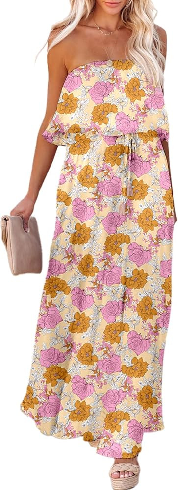 Dokotoo Womens Strapless Dresses Casual Summer High Waist Side Split Flowy Boho Maxi Dress | Amazon (US)