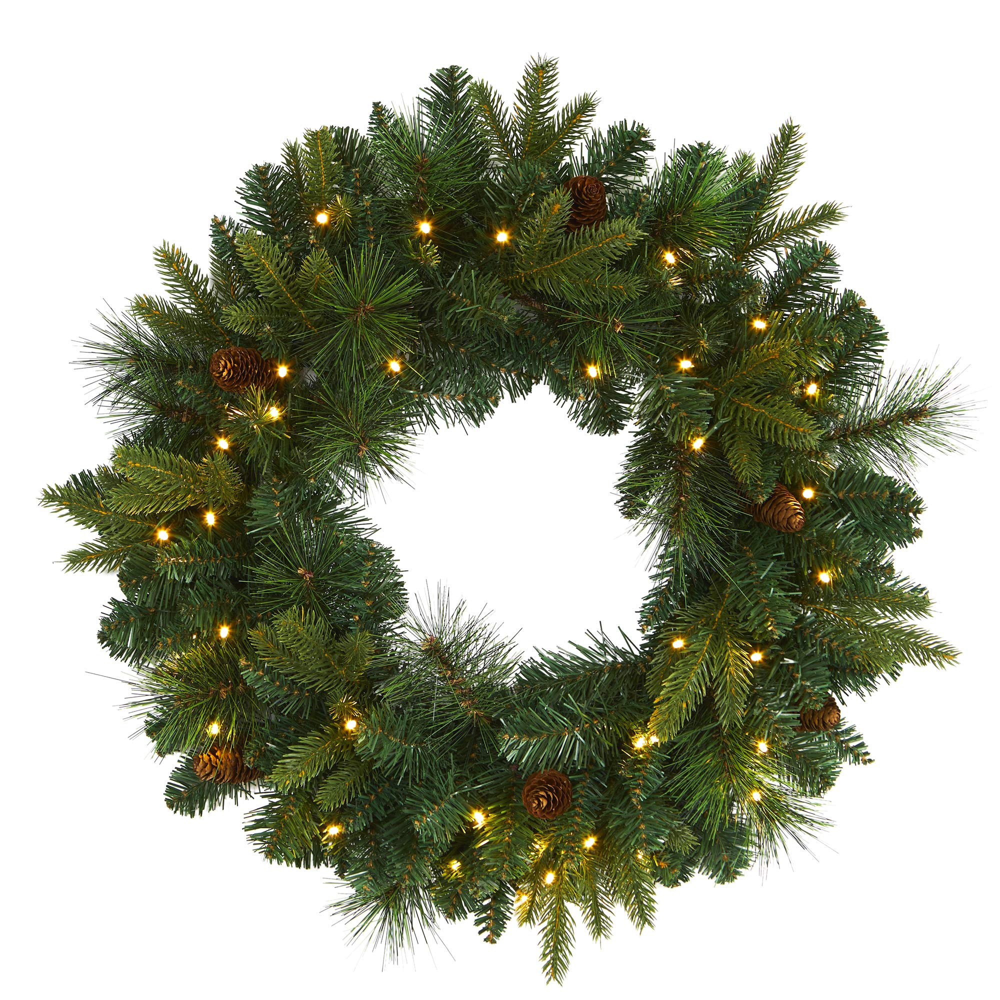 Nearly Natural 24in. Mixed Pine Artificial Christmas Wreath with 35 Clear LED Lights and Pinecone... | Amazon (US)