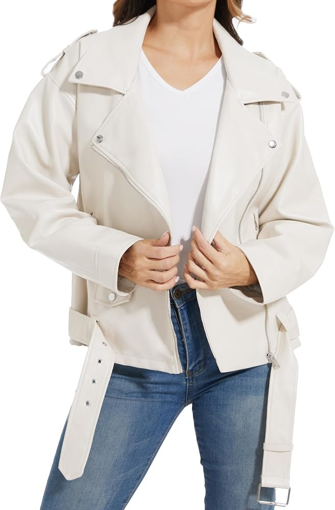 Fahsyee Faux Leather Jackets for Women, Black Motorcycle Moto Biker PU Outwear Coat | Amazon (US)