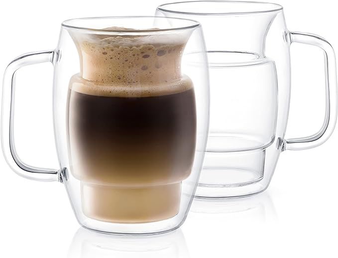 JoyJolt Cadus Glass Coffee Cups Double Wall Insulated Mugs Set of 2 Latte Glasses, 16-Ounces. | Amazon (US)