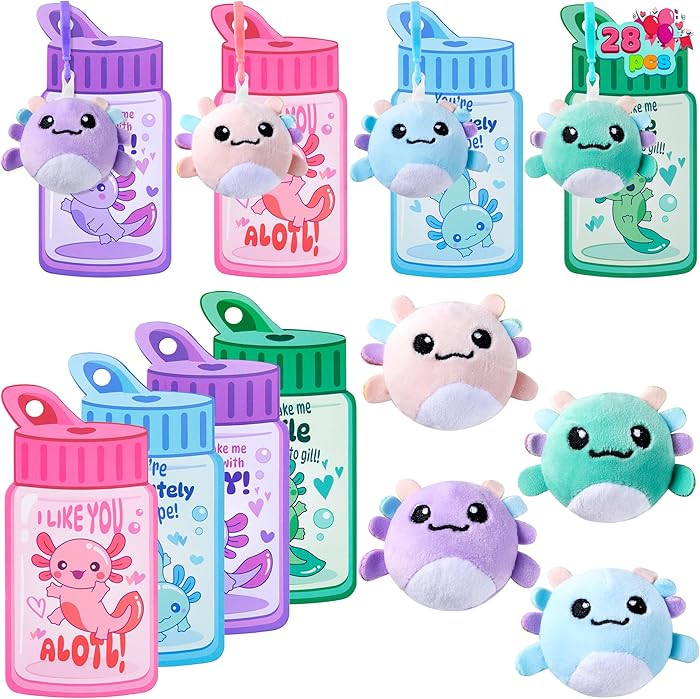 JOYIN 28 Pcs Valentine's Day Cards for Kids Classroom, Valentines Axolotl Plush Toy Keychain with... | Amazon (US)