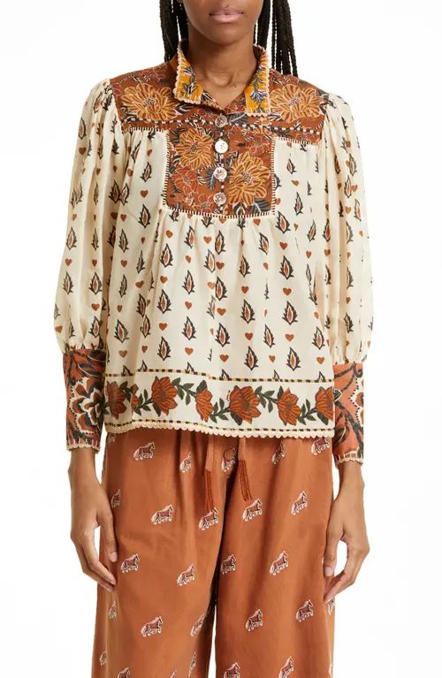 FARM Rio Ainika Floral Print Cotton Popover Blouse in Ainika Floral Beige at Nordstrom, Size X-Small | Nordstrom