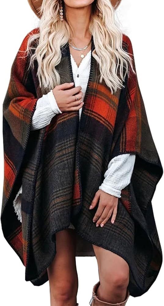 Women Buffalo Plaid Blanket Poncho Plus Size Fleece Kimono Sweaters Knit Fringe Shawl Wraps Warm ... | Amazon (US)