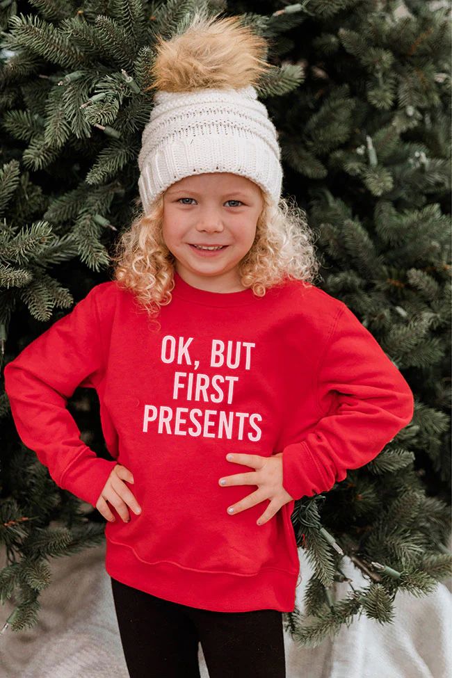 Kids OK, But First Presents Red Graphic Sweatshirt | The Pink Lily Boutique