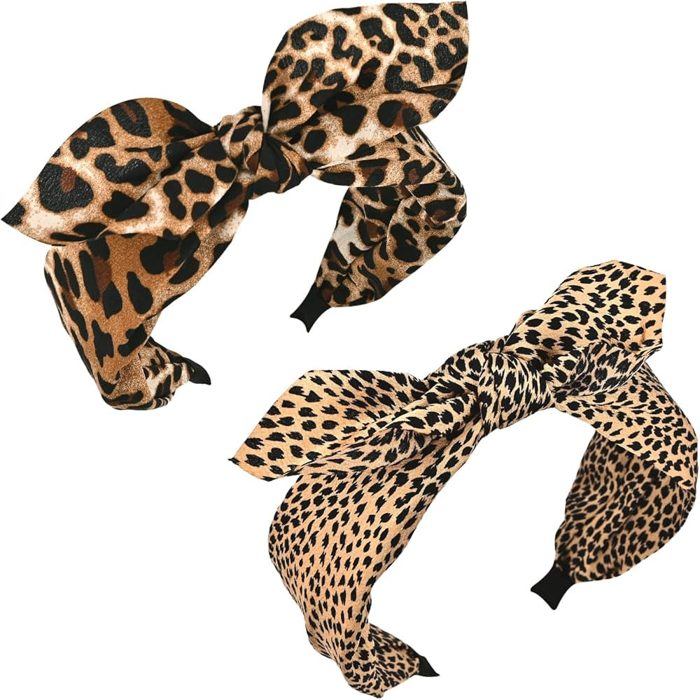 2-Piece Leopard Print Bow Headbands, Cute Wide Knotted Headband for Women Girls Thin Thick Hair, ... | Amazon (US)