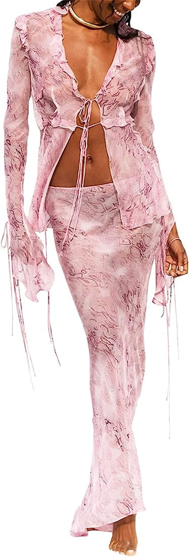 Women Y2k 2 Piece Skirt Set Ruffle Ruched Sheer Mesh Tank Top Slim Fit Irregular Fringe Maxi Skir... | Amazon (CA)