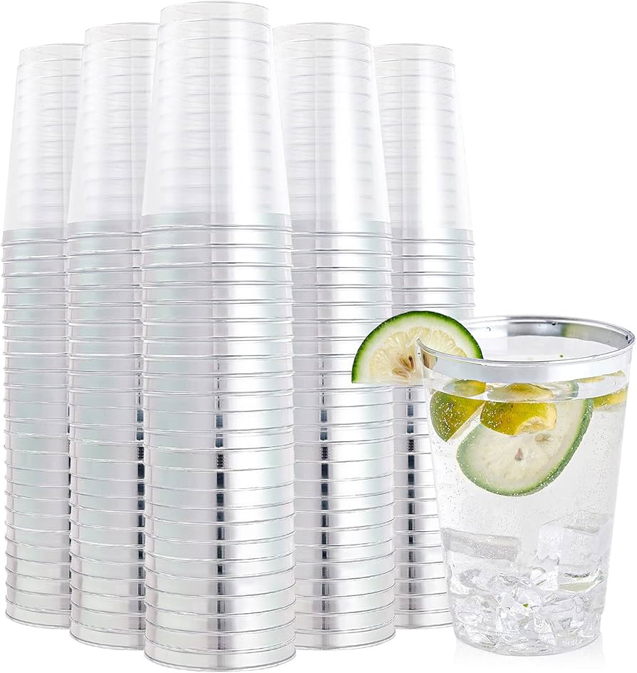 FOCUSLINE 200 Pack 12 oz Silver Rimmed Plastic Cups, Clear Plastic Cups 12 Ounce Tumblers, Heavy-... | Amazon (US)