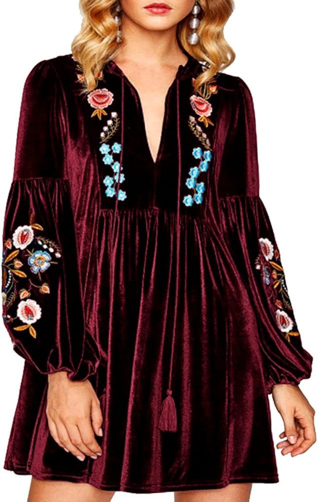 Aofur Women Bohemian Vintage Embroidered Velvet Spring Shift Mini Dress Long Sleeve Casual Tops B... | Amazon (US)