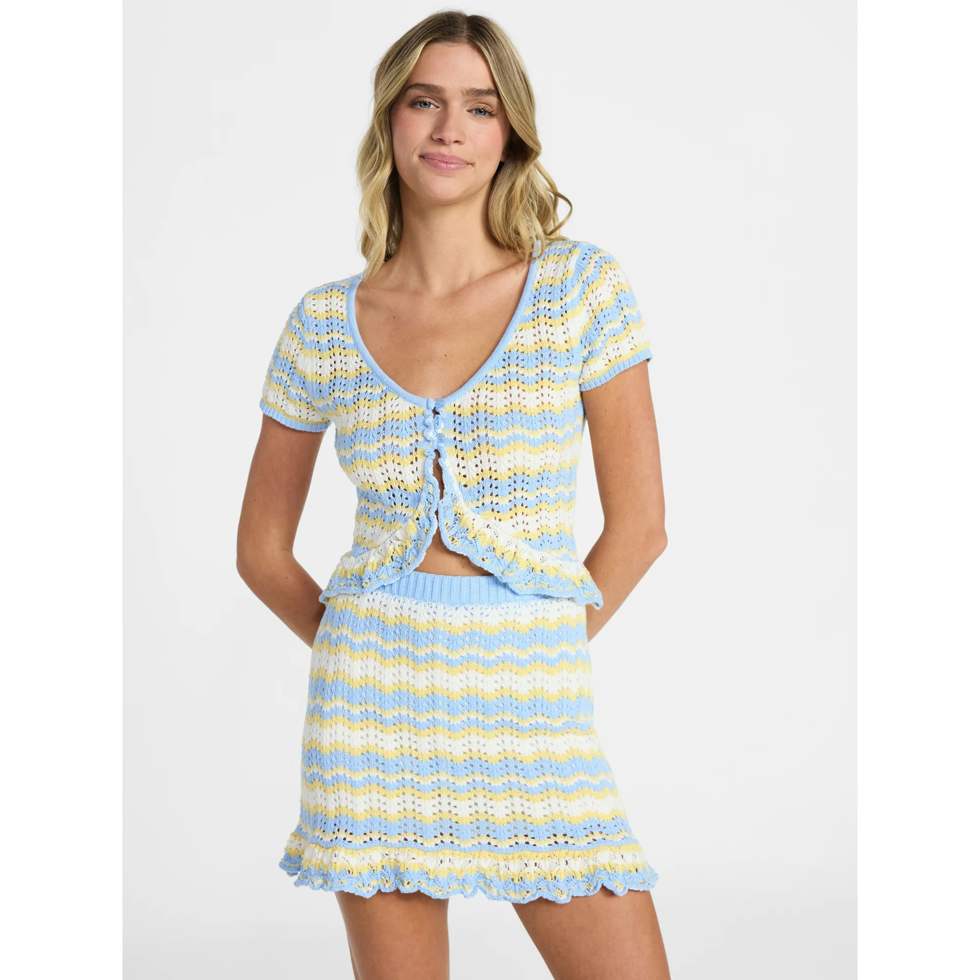 No Boundaries Ruffle Pointelle Cardigan and Skirt Set, 2-Piece, Women’s XXS-XXL | Walmart (US)