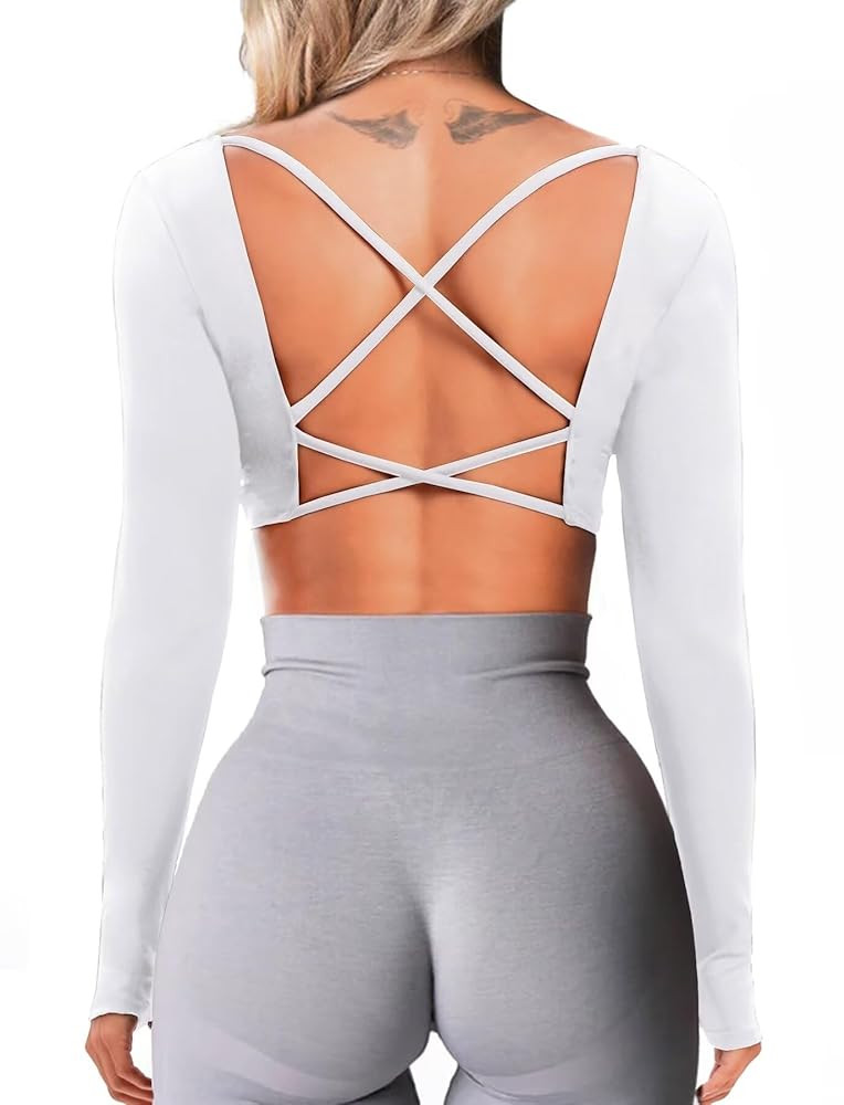 TZLDN Women Long Sleeve Crop Tops Workout Open Back Gym Compression Shirts Athletic Backless Spor... | Amazon (US)