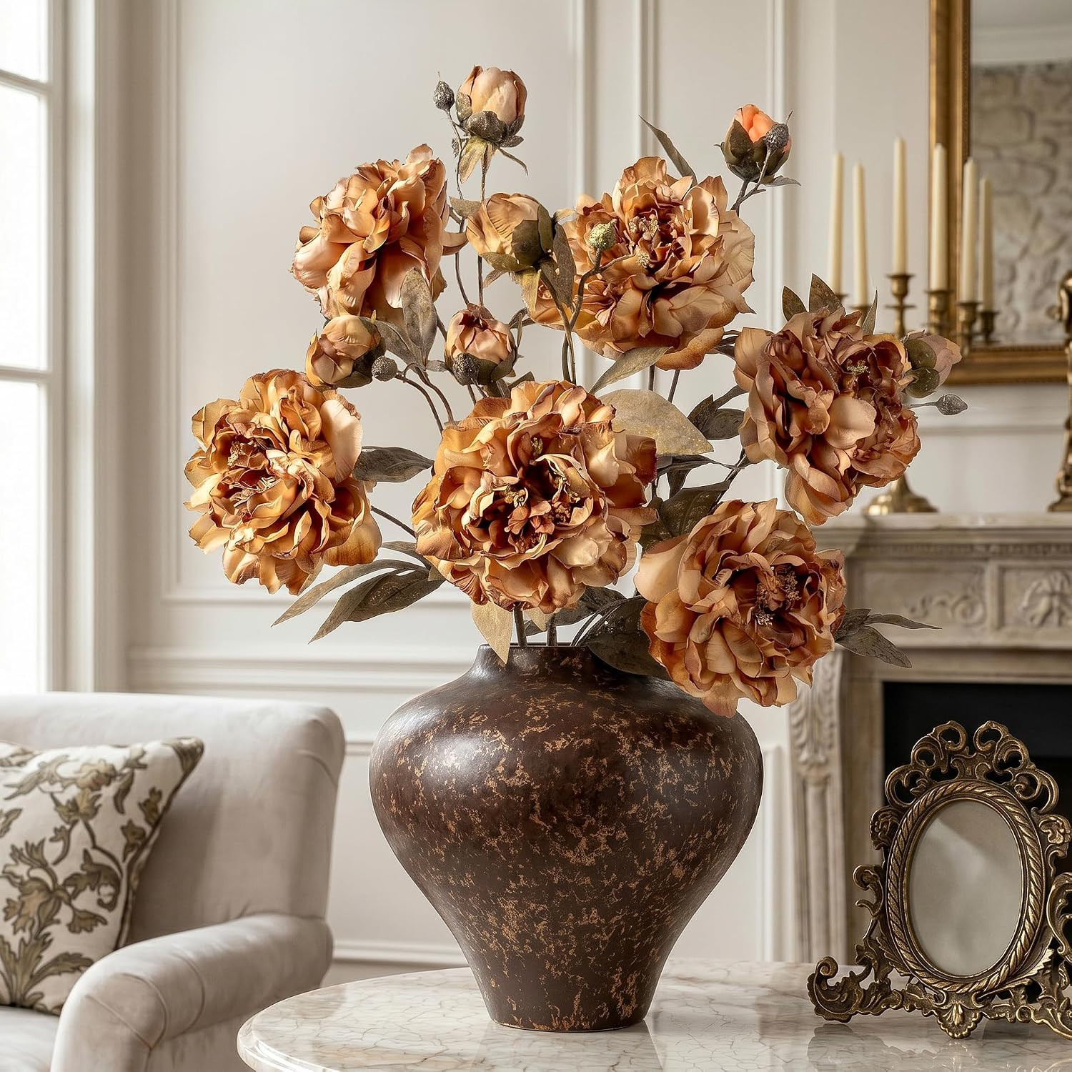 Mocha Brown Artificial Peony Flowers for Vase, 6 Faux Peony Stems with Large Realistic Blooms and Buds, 28.3" Long Stem Silk Peonies for Rustic Centerpieces, Farmhouse Table Decor and Home Decor | Amazon (US)