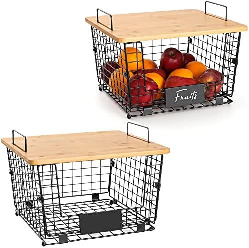 2 Set Kitchen Counter Basket with Bamboo Top - Countertop Organizer for Produce, Fruit, Vegetable (  | Amazon (US)