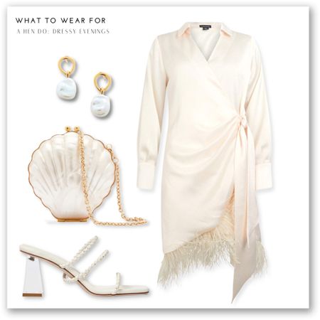 A dressy evening look for a hen do 🤍

Bride to be, white outfit, party dress, feathers, heeled sandals, shell bag, pearl earrings 

#LTKstyletip #LTKSeasonal #LTKwedding