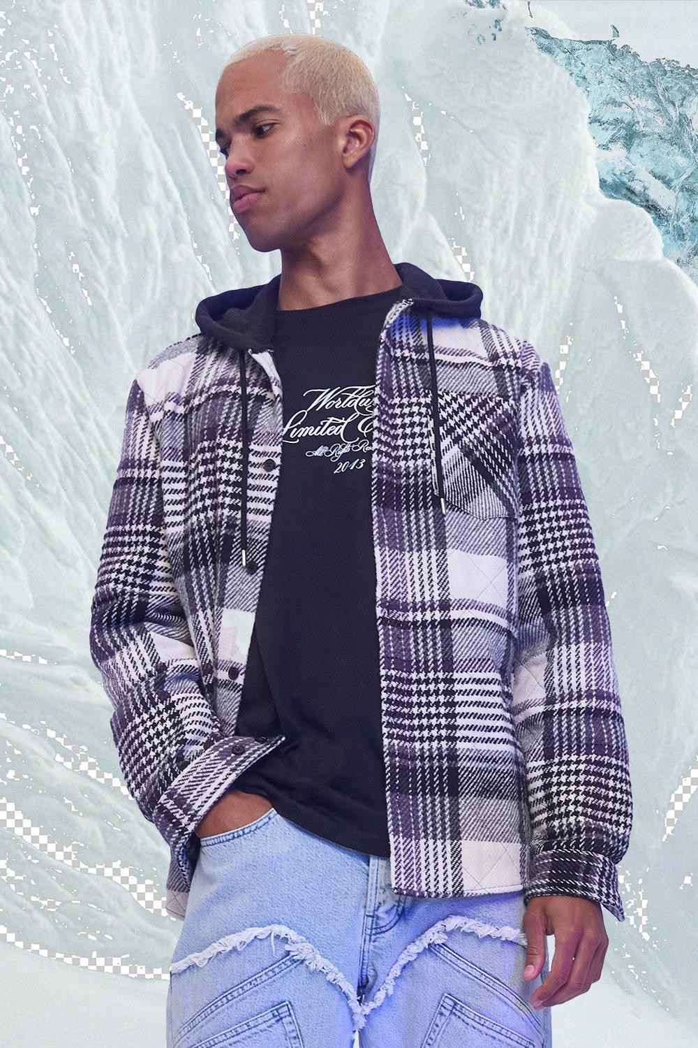 Quilted Check Overshirt With Hood | boohooMAN (US & CA)