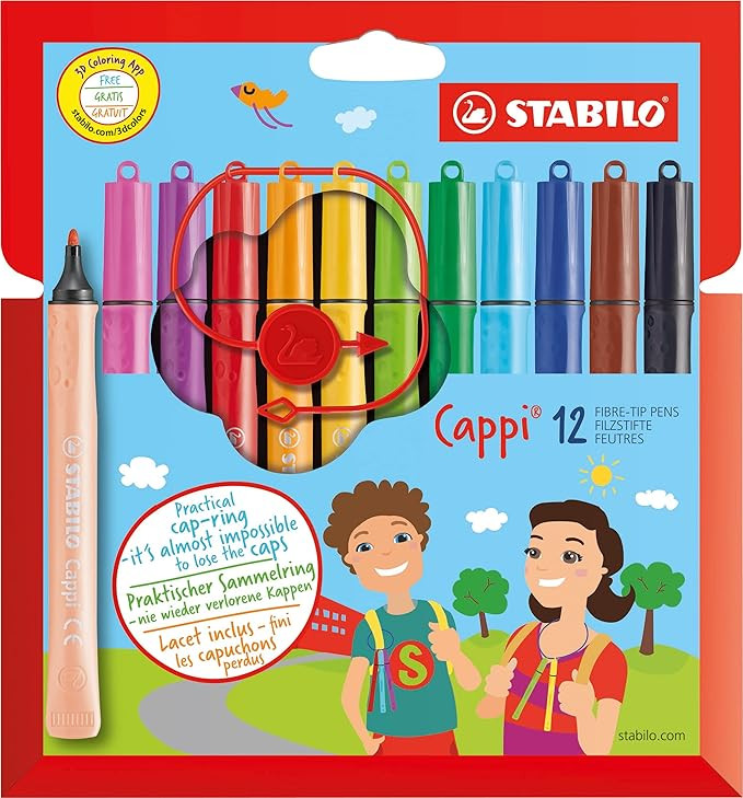 STABILO Cappi - Fibre-Tip Pen with Cap-Ring - Pack of 12 - Assorted Colours with 1 Cap-Ring | Amazon (UK)