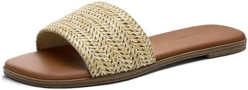 Athlefit Flat Sandals for Women Summer Raffia Square Toe Comfortable Slip On Dressy Casual Slide ... | Amazon (US)