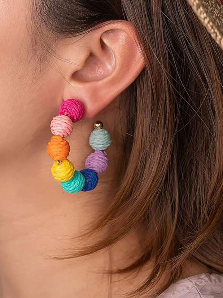 1pair Stylish Bohemian Women's Earrings, Rainbow Colored Raffia Bead Handcrafted Wicker Large Hoo... | SHEIN