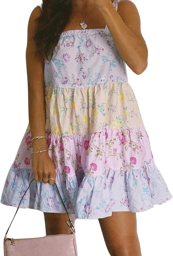 Women Floral Mini Dress Tie Shoulder Straps Patchwork Mini Dresses A Line Tiered Ruffle Short Bab... | Amazon (US)