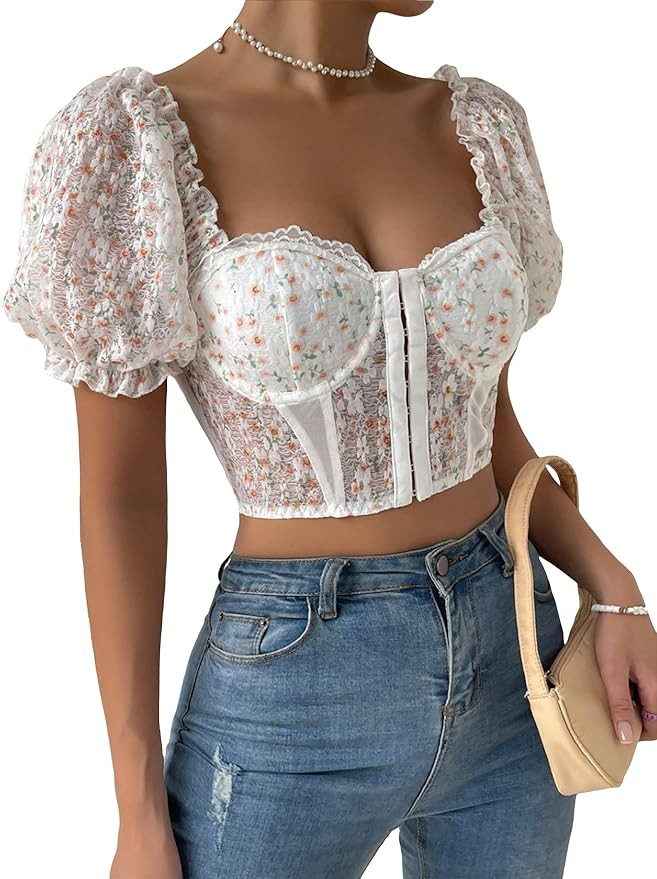 Milumia Women's Ditsy Floral Sweetheart Neck Frill Puff Short Sleeve Bustier Crop Tops | Amazon (US)
