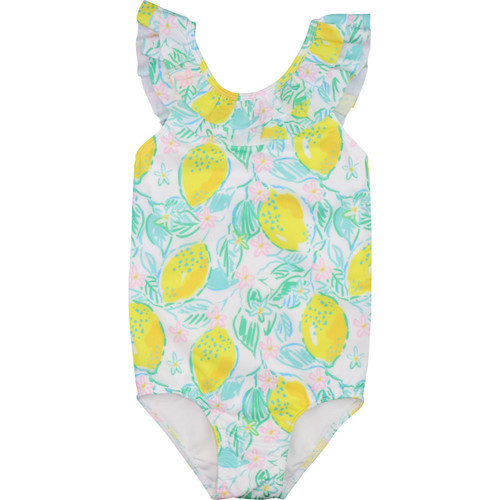 Yellow And Green Lemon Ruffle Lycra Swimsuit - Shipping Mid April | Cecil and Lou