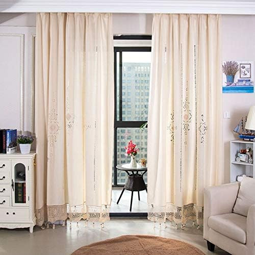 Crochet Curtain for Window Retro Beige Embroidery Curtain Panel with Tassel Cotton Line Bohemia C... | Amazon (US)