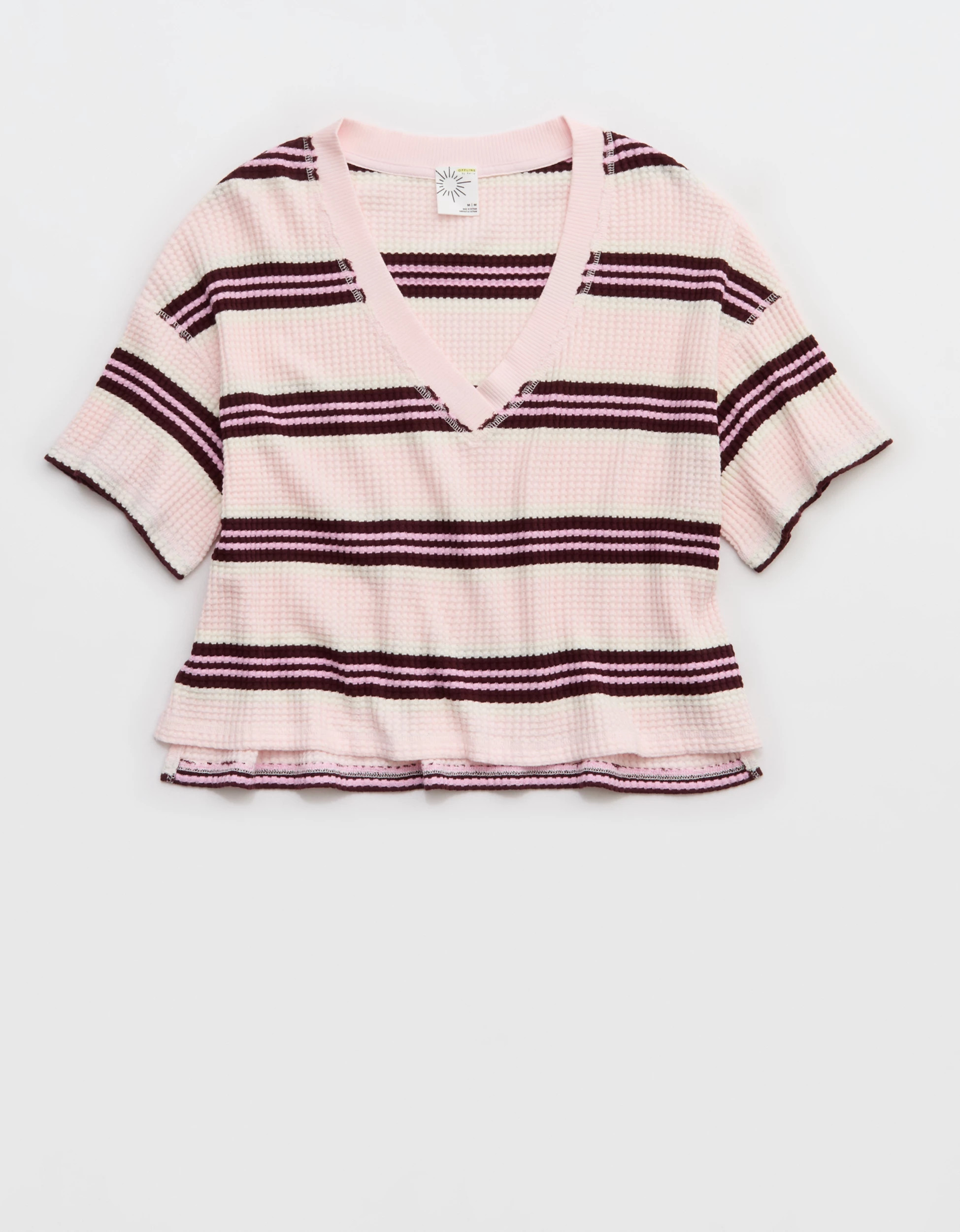 OFFLINE By Aerie Wow! Waffle V Neck Cropped Relaxed Short Sleeve T-Shirt | American Eagle Outfitters (US & CA)