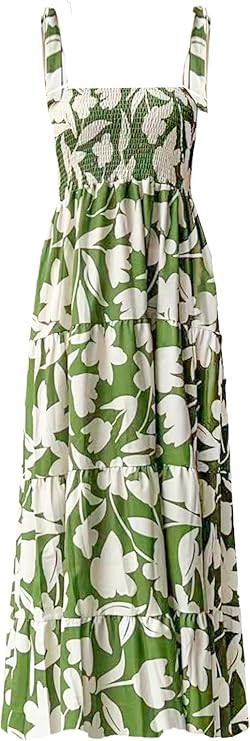 kinstell Women's Summer Boho Spaghetti Strap Square Neck Ruffle Casual Flowy Long Dress Beach Swi... | Amazon (US)