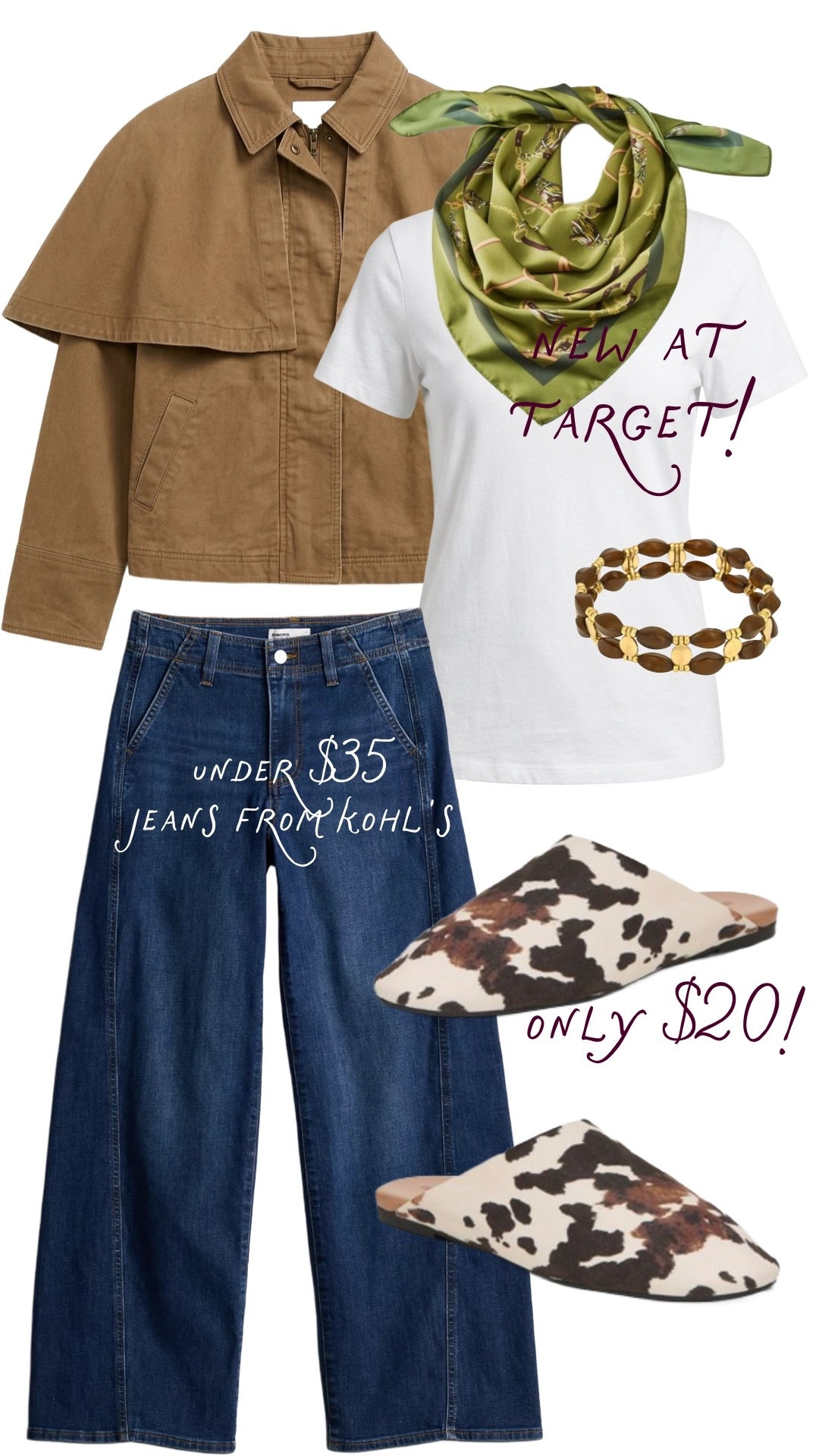 Affordable fall basics can still make such a fun outfit. These Kohl’s jeans look so good with a simple tee, camel jacket, green scarf, and cow-print mules. I’d wear this for errands, lunch, or any casual fall day when you still want to feel cute! 

 #LTKgrwm #LTKootd #LTKmomlife