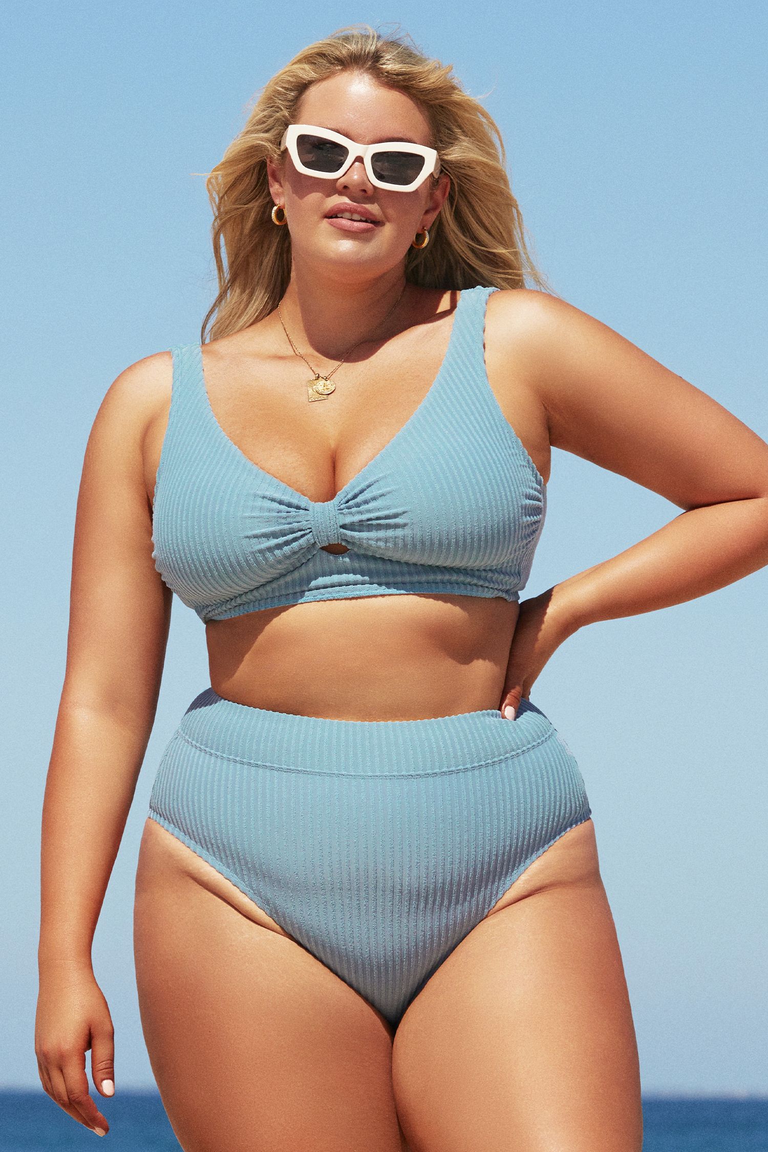 Downy Blue Rib High Waist Plus Size Bikini Bottoms | Cupshe US