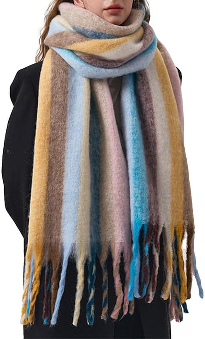 BAIMORE Women's Chic Color Block Vertical Stripes Warm Large Shawl Scarf with Tassel | Amazon (US)