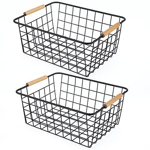 Black 2PCS Wire Storage Baskets with Wooden Handles - Organizing Pantry and Kitchen Cabinets - Metal Wire Food Storage Basket | Amazon (US)