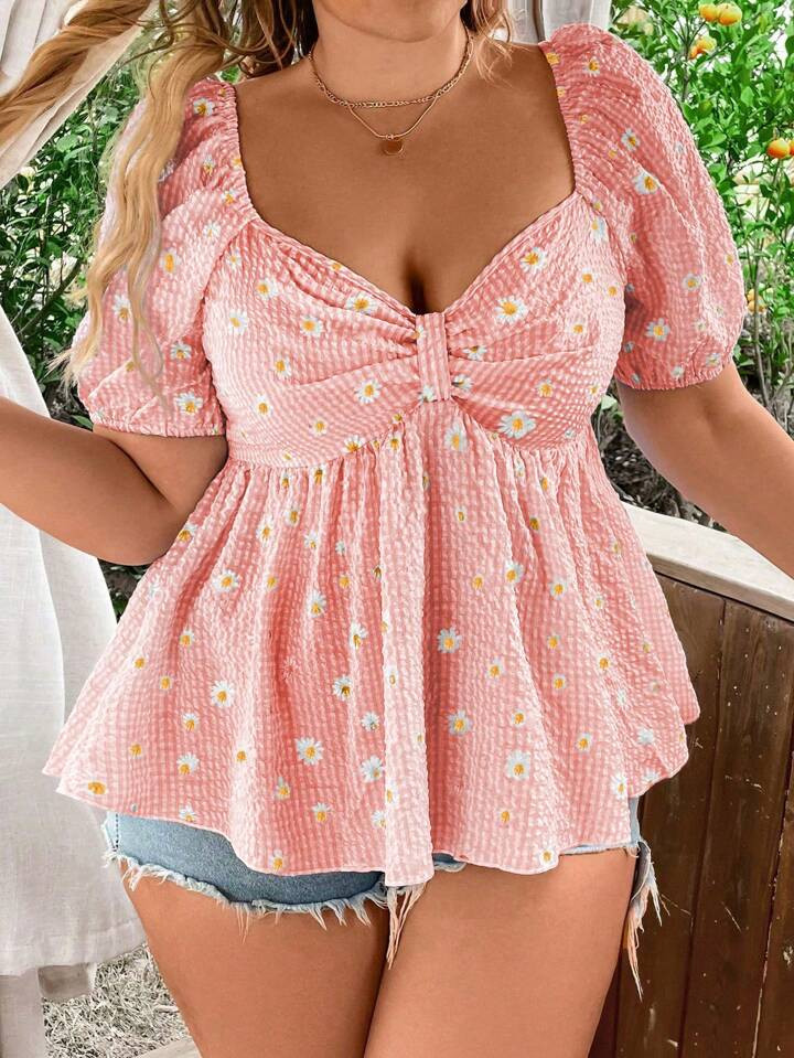 SHEIN WYWH Women Plus Size Shirt With Daisy Flower Print And Pleated Design At Chest | SHEIN